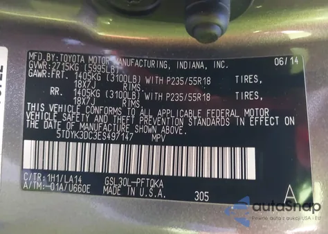 2014 Toyota Sienna Limited V6 7 Passenger z USA, uszkodzony, nr VIN 5TDYK3DC3ES497147